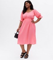 New Look Curves Coral Check Textured Puff Sleeve Midi Dress